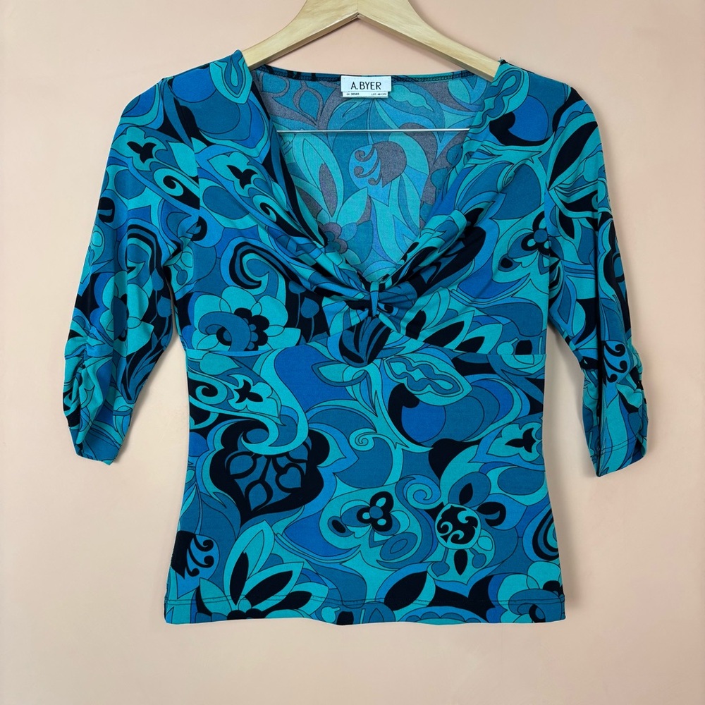Vintage A. Byer Y2K Blue Abstract Print Top M Artsy Retro Stretch 3/4 Sleeve